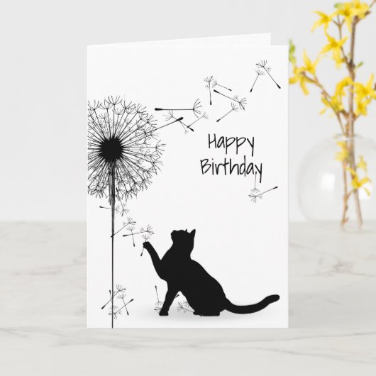 Zwarte kat en Dandelion Birthday Kaart (Gele Bloem)