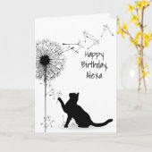 Zwarte kat en Dandelion Birthday Kaart (Gele Bloem)