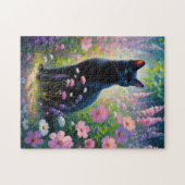 Zwarte Kat en de Lente Wildbloemen Olieverfschilde Legpuzzel (Horizontaal)