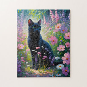 Zwarte Kat en de Lente Wildbloemen Olieverfschilde Legpuzzel