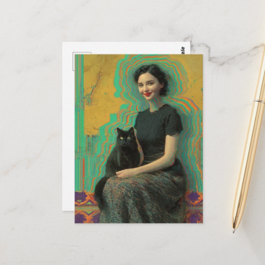 Zwarte Kat en een Dame Glitch Briefkaart (Voorkant / Achterkant in situ)