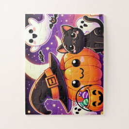 Zwarte kat en een pompoen legpuzzel