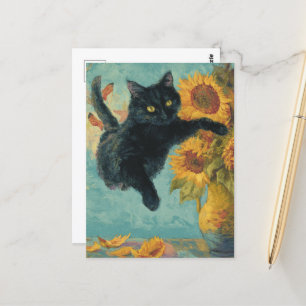 Zwarte Kat en een Vaas met Zonnebloemen Briefkaart