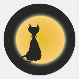 Zwarte kat en gele moon Halloween Art Ronde Sticker