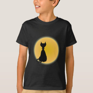 Zwarte kat en gele moon Halloween Art T-shirt