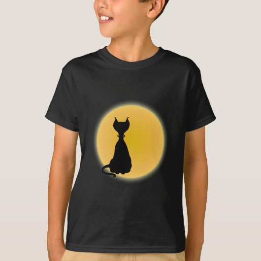 Zwarte kat en gele moon Halloween Art T-shirt (Voorkant)