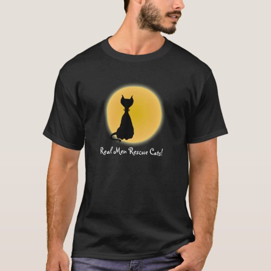 Zwarte kat en gele moon Halloween Art T-shirt (Voorkant)