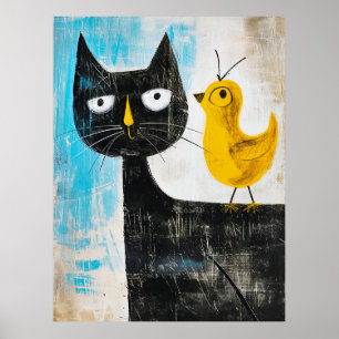Zwarte Kat en Gele Vogel – Whimsical Moderne Kunst Poster