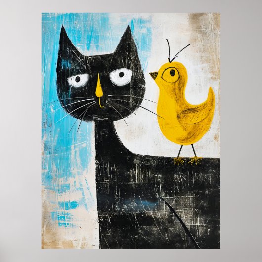 Zwarte Kat en Gele Vogel – Whimsical Moderne Kunst Poster (Voorkant)