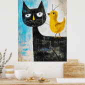 Zwarte Kat en Gele Vogel – Whimsical Moderne Kunst Poster (Keuken)