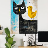 Zwarte Kat en Gele Vogel – Whimsical Moderne Kunst Poster (Thuiskantoor)