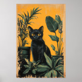  zwarte kat en gepotte Planten Poster (Voorkant)