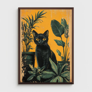 zwarte kat en gepotte Planten Poster