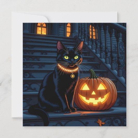 Zwarte kat en gloeiende pompoen Halloween (Voorkant)