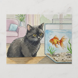 Zwarte kat en goudvis Briefkaart