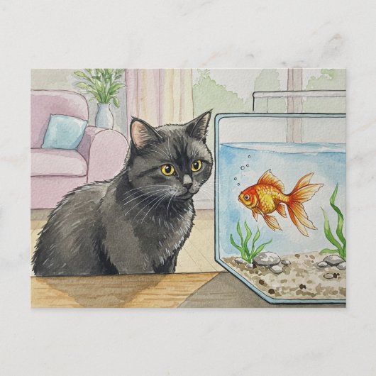 Zwarte kat en goudvis Briefkaart (Voorkant)