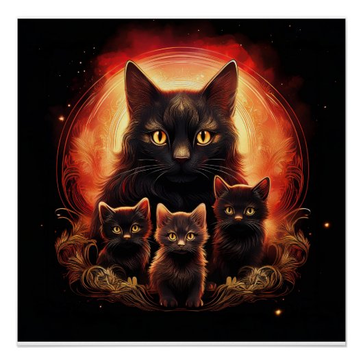 Zwarte Kat En Haar Drie Kittens Perfect Poster (Voorkant)