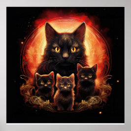 Zwarte Kat En Haar Drie Kittens Poster