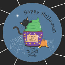 Zwarte Kat en Halloween Cupcake Blauwe Stickers