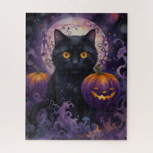 Zwarte kat en Halloween pompoenen op Moonlight Legpuzzel