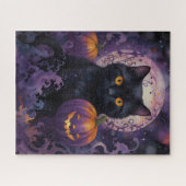 Zwarte kat en Halloween pompoenen op Moonlight Legpuzzel (Horizontaal)