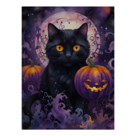 Zwarte kat en Halloween pompoenen op Moonlight Perfect Poster