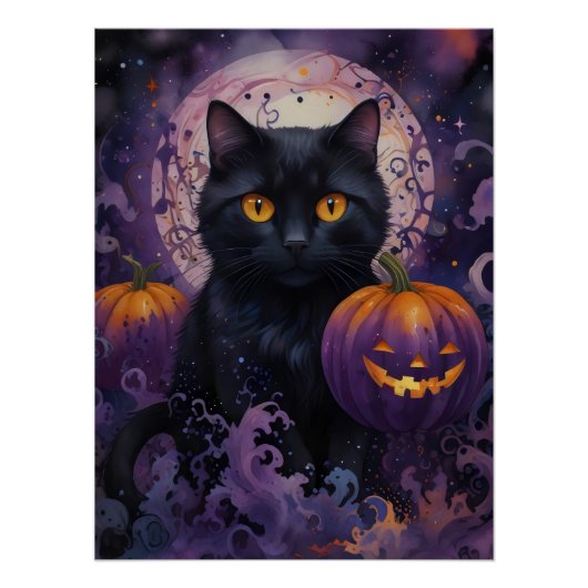 Zwarte kat en Halloween pompoenen op Moonlight Perfect Poster (Voorkant)