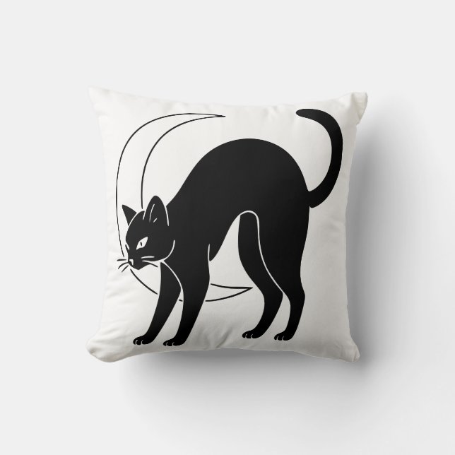 Zwarte Kat en Halve Maan Lijnkunst Kussen (Voorkant)