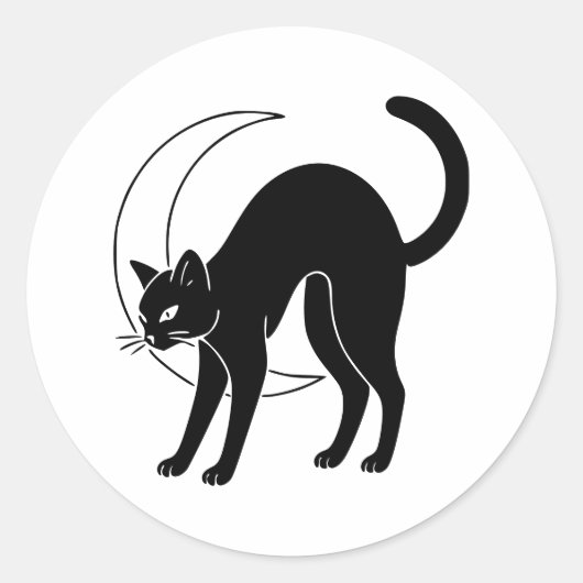 Zwarte Kat en Halve Maan Lijnkunst Ronde Sticker (Voorkant)
