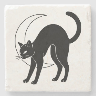 Zwarte Kat en Halve Maan Lijnkunst Stenen Onderzetter