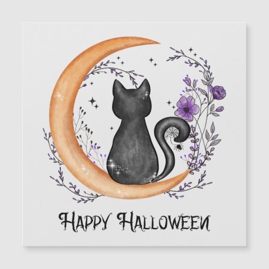 Zwarte kat en halve maan voor Happy Halloween (Voorkant)