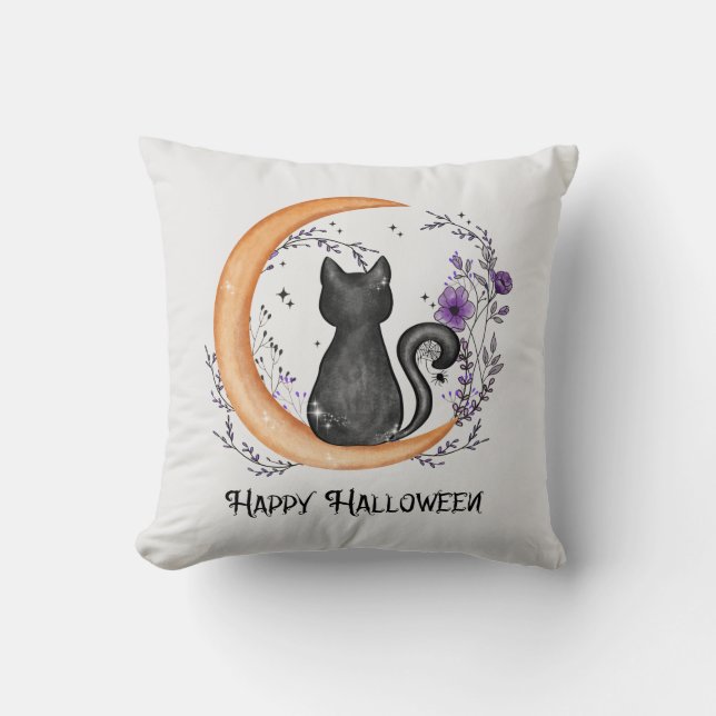 Zwarte kat en halve maan voor Happy Halloween Kussen (Voorkant)