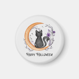 Zwarte kat en halve maan voor Happy Halloween Magneet