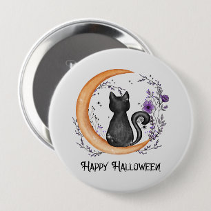 Zwarte kat en halve maan voor Happy Halloween Ronde Button 4,0 Cm
