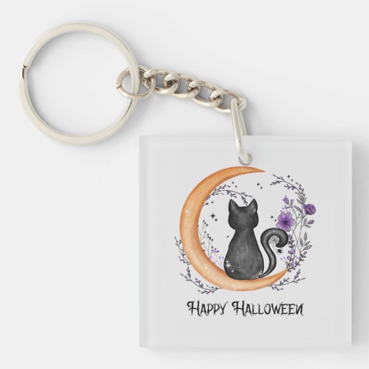 Zwarte kat en halve maan voor Happy Halloween Sleutelhanger (Voorkant)