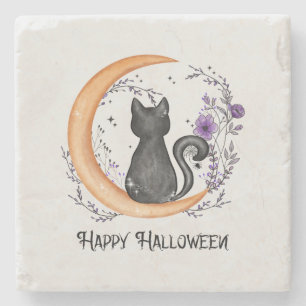 Zwarte kat en halve maan voor Happy Halloween Stenen Onderzetter