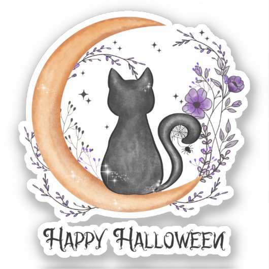 Zwarte kat en halve maan voor Happy Halloween Sticker (Voorkant)