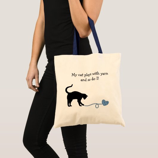 Zwarte kat en hart gekapt garen (blauw) tote bag (Voorkant (product))