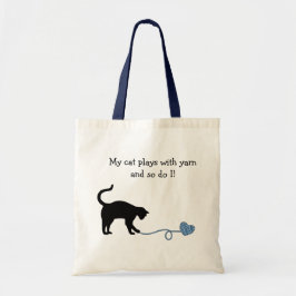 Zwarte kat en hart gekapt garen (blauw) tote bag