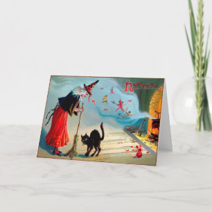  zwarte kat en heks Halloween Kaart