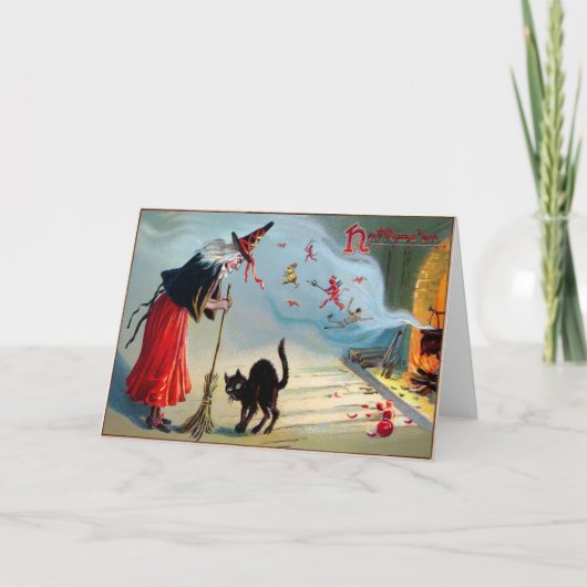  zwarte kat en heks Halloween Kaart (Voorkant)
