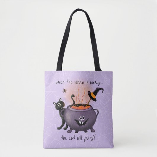 Zwarte kat en heks ketel Paarse Halloween Tote Bag (Voorkant)