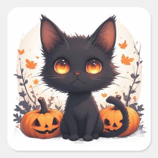 Zwarte Kat en Herfstpompoen Vierkante Sticker (Voorkant)