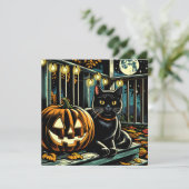Zwarte kat en Jack-O = Lantaarn Halloween Kaart (Staand voorkant)