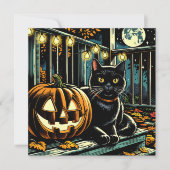 Zwarte kat en Jack-O = Lantaarn Halloween Kaart (Voorkant)