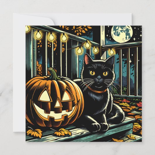 Zwarte kat en Jack-O = Lantaarn Halloween Kaart (Voorkant)