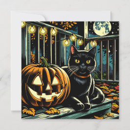 Zwarte kat en Jack-O = Lantaarn Halloween Kaart
