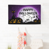 Zwarte kat en Jack o lantaarns zwart en paarse Spandoek (Insitu)