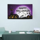 Zwarte kat en Jack o lantaarns zwart en paarse Spandoek (Beurs)