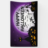 Zwarte kat en Jack o lantaarns zwart en paarse Spandoek (Verticaal)